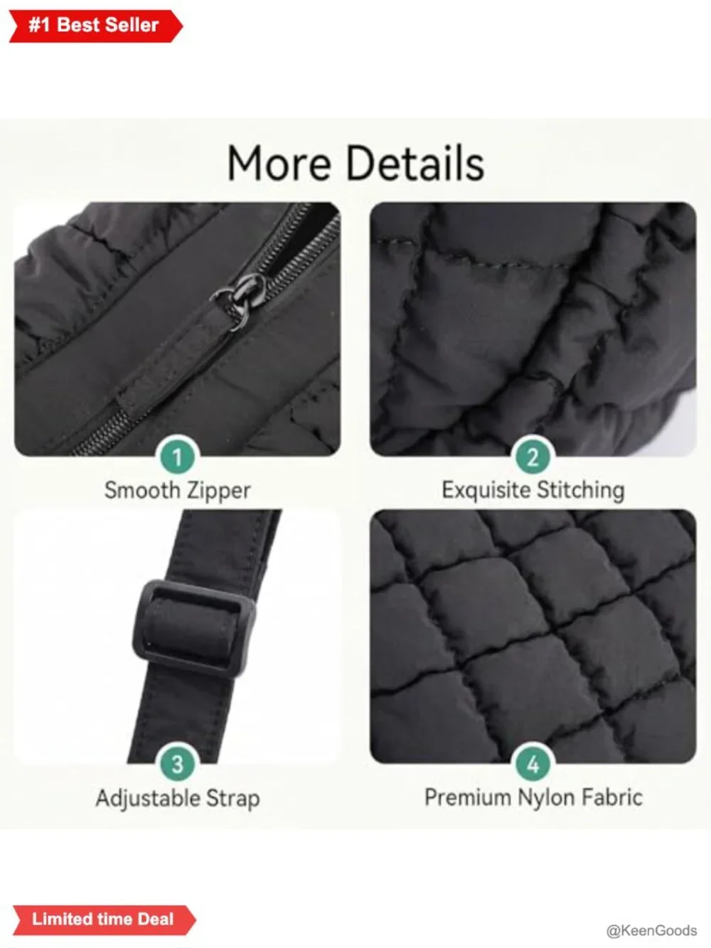 Nylon Quilted Puffer Crossbody Hobo Bag Lightweight Adjustable Strap